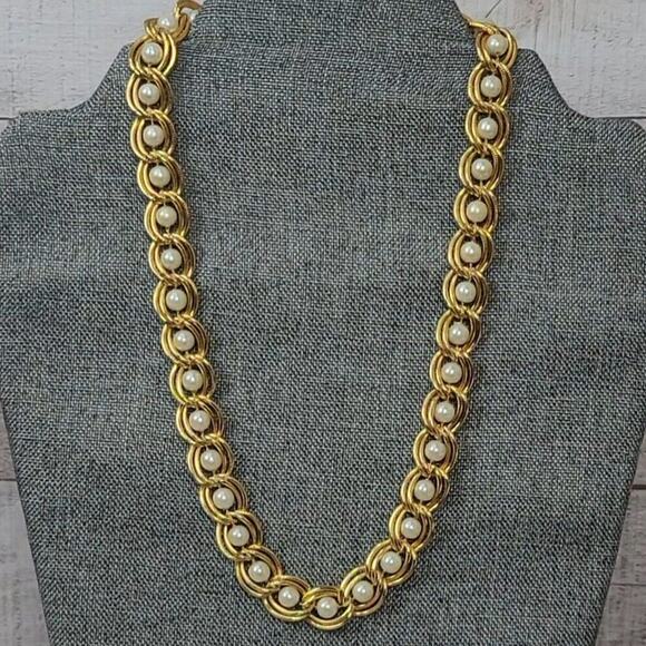 Vintage Caged Pearl Necklace Goldtone Double Open Link Appx 18.5" FAUX PEARL - Picture 9 of 9